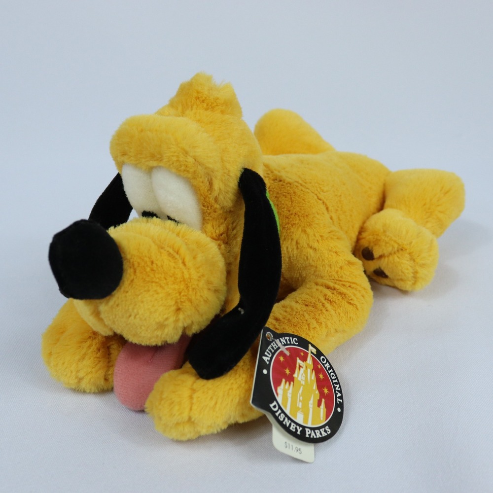 Disney Parks Pluto Laying Down Plush Green Collar Authentic Original NWT 9"
